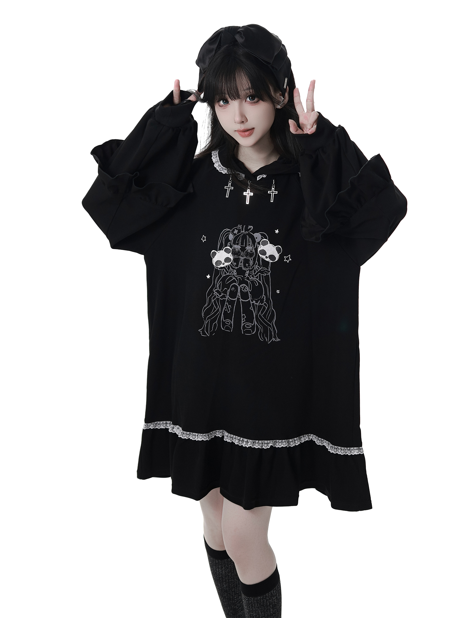Highstreet doux Cool décontracté robe à capuche dessin animé imprimé broderie dentelle volants Patchwork à manches longues robe noire ample femmes