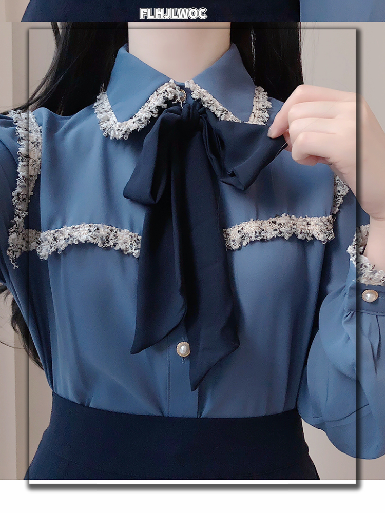 Chemisiers de style vintage pour femmes, nœud mignon, ruban aught, bouton de conception japonaise et coréenne, chemises formelles élégantes, blanc, bleu, 2409