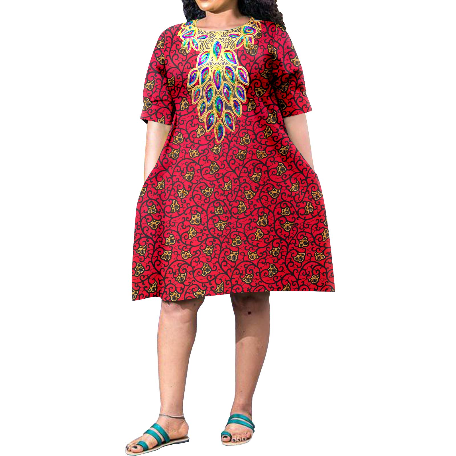 Robe africaine grande taille pour femmes, estampage coloré avec accessoires, décontractée, manches courtes, tissu imprimé de voyage, robe au genou A2225153