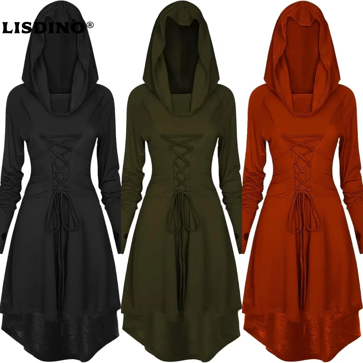 Costumes de la Renaissance pour femmes, Costume d'halloween pour femmes, Costume médiéval Vintage à capuche, robe pull haute et basse