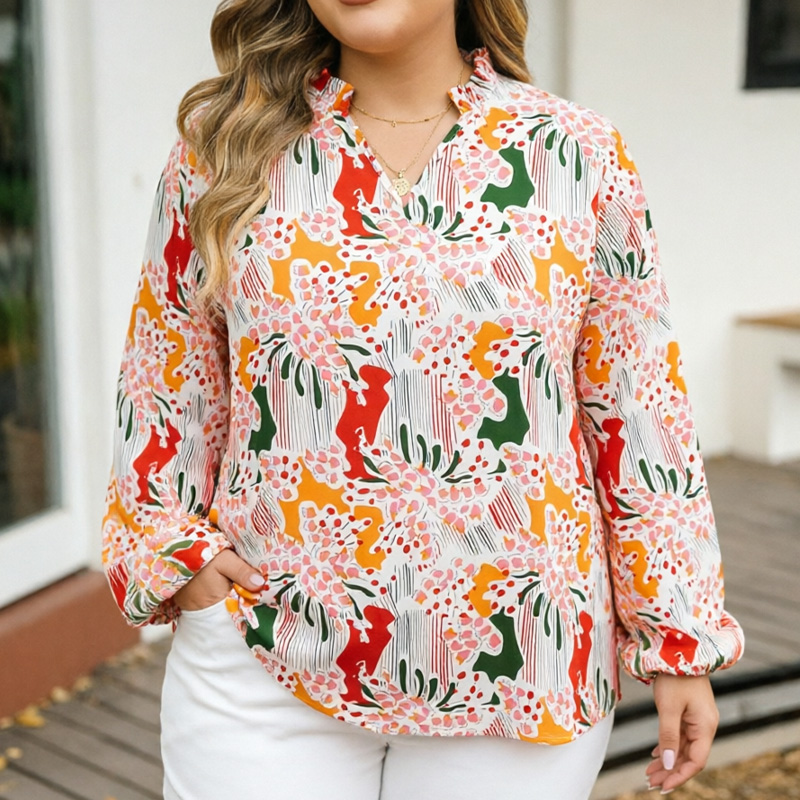 Chemise pour femmes grandes tailles, imprimé floral abstrait, col en V, haut à manches longues à volants, coupe ample, convient à un usage quotidien