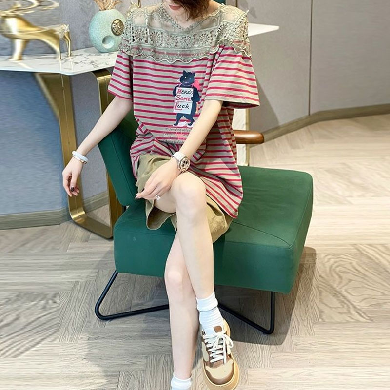 T-shirt à manches courtes en dentelle évidée pour femmes, pulls épissés, vêtements décontractés, t-shirt imprimé rayé, coréen, été, 2023
