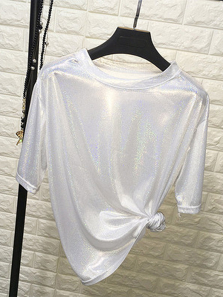 Été femme hauts brillant ample à manches courtes t-shirt sexy club esthétique harajuku femmes élégant brillant soie t-shirt