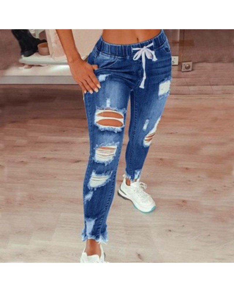 Jean taille serrée pour femme, taille moyenne, à lacets, coupe cintrée, pieds élastiques, pantalon en Denim perforé, taille S-5XL