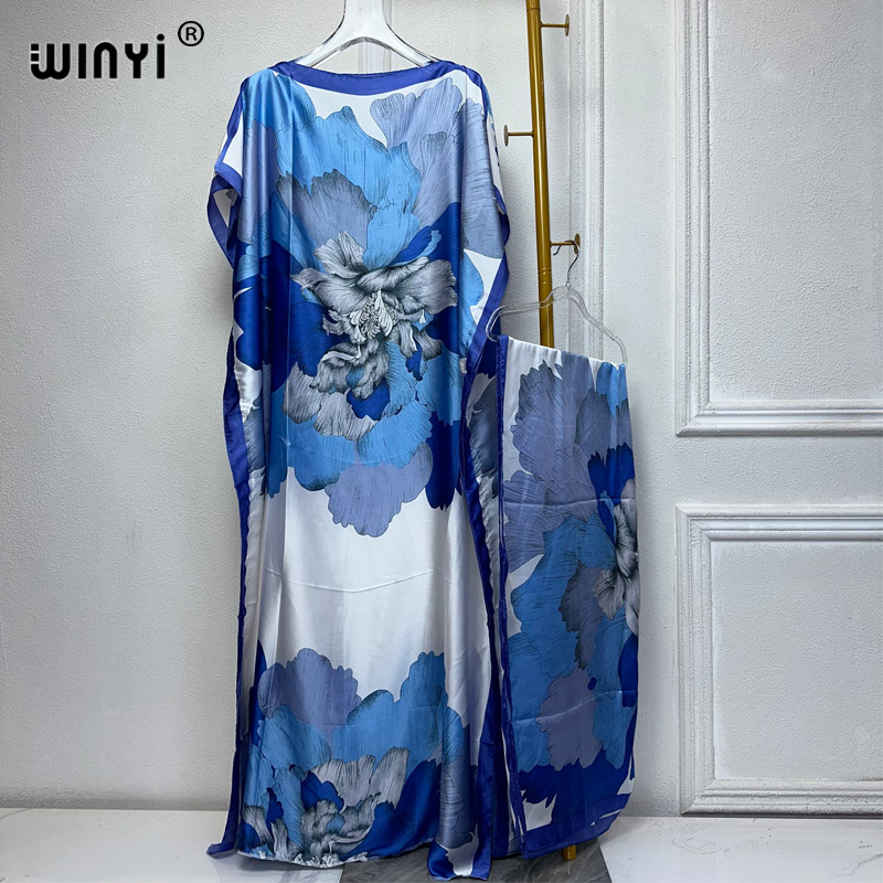 WINYI 2024 Nouvelle Robe Africaine pour Femmes, Imprimé Dashiki Bohème, Robe Longue Ample et Élégante pour Femme Musulmane, Taille Unique, Style Dubaï, avec Foulard