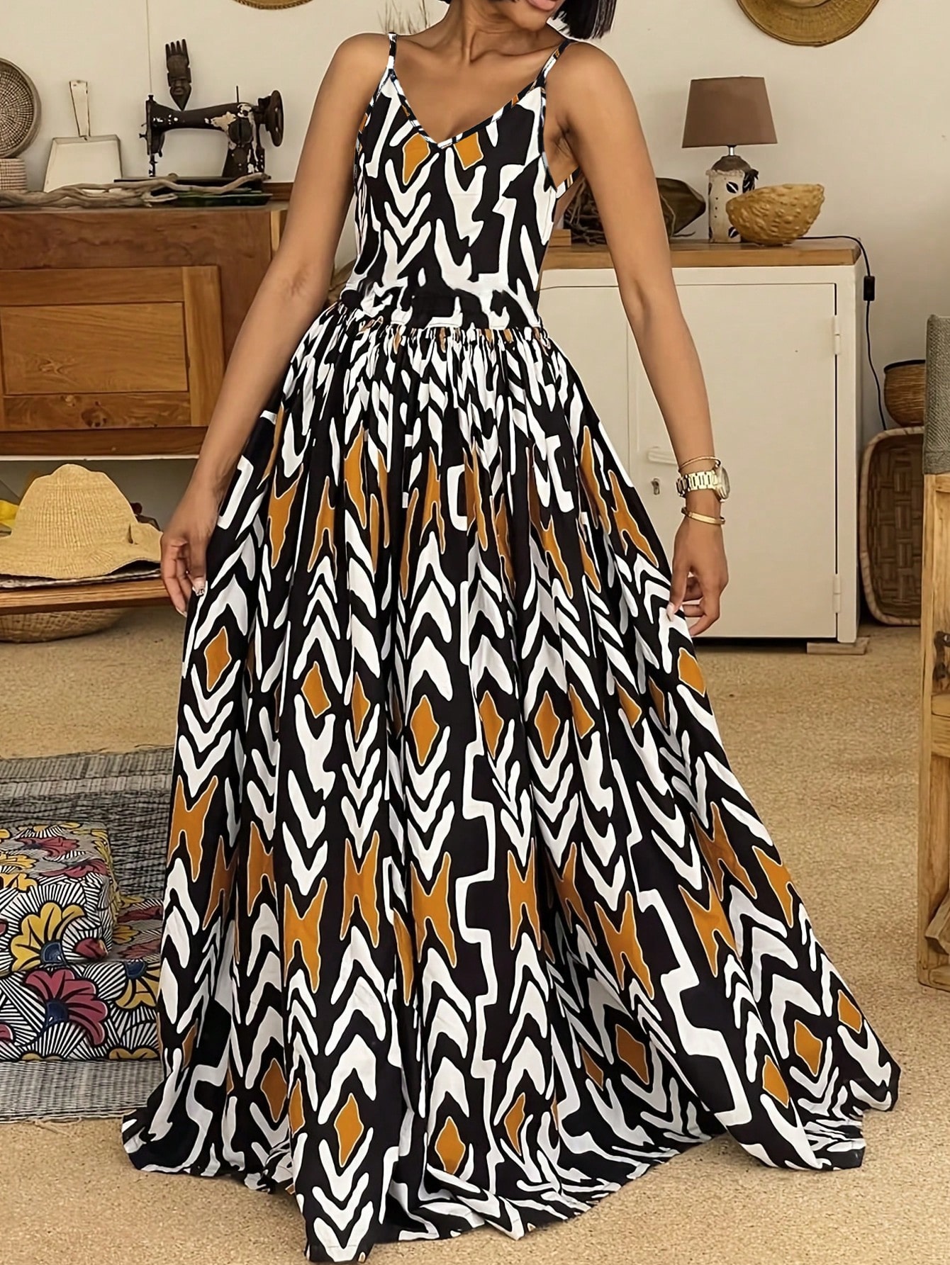 Robe longue maxi sans manches à col en V et dos nu, imprimé africain pour femmes, taille haute, coupe A-line, tenue élégante pour l'été et les fêtes sur la plage.