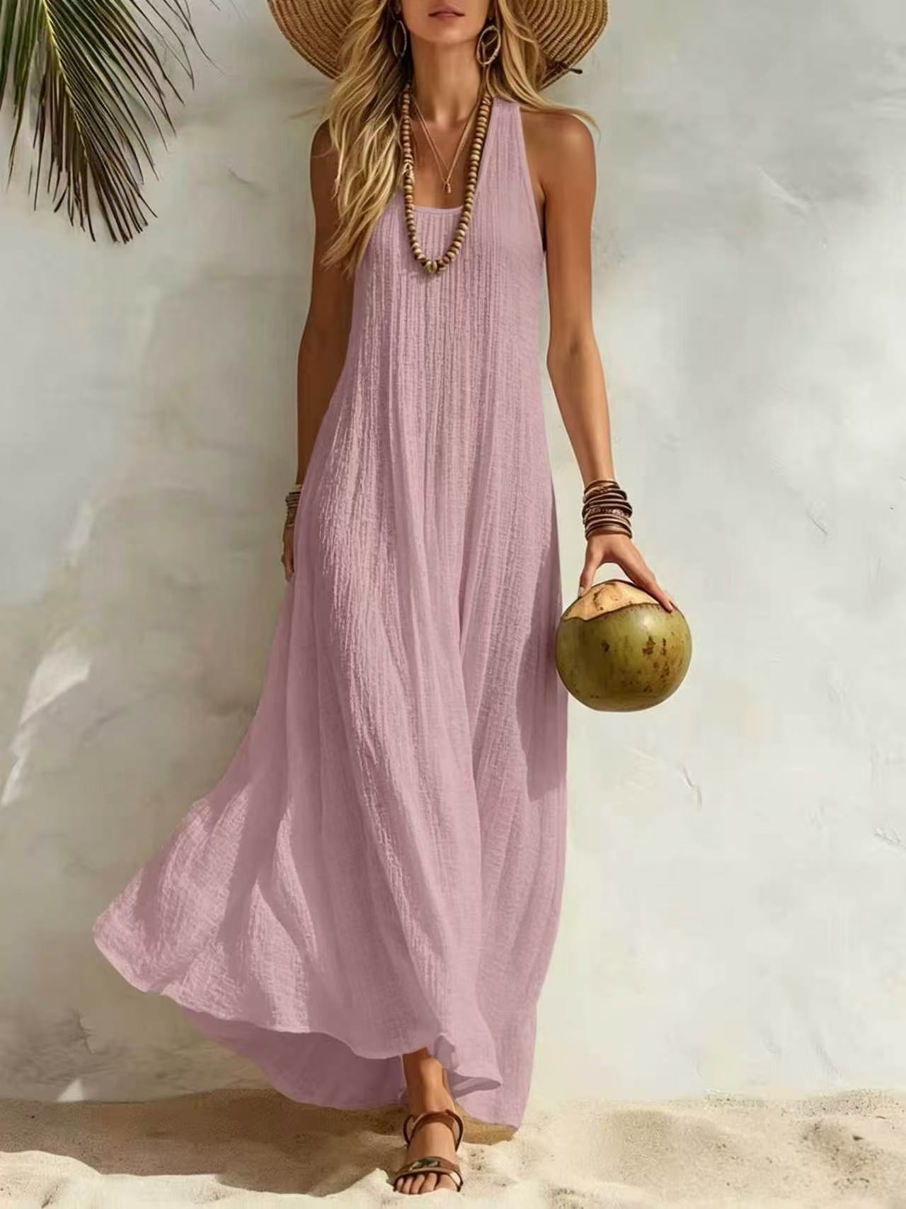 Robe longue décontractée à texture verticale, style débardeur, idéale pour la plage ou comme tenue de vacances