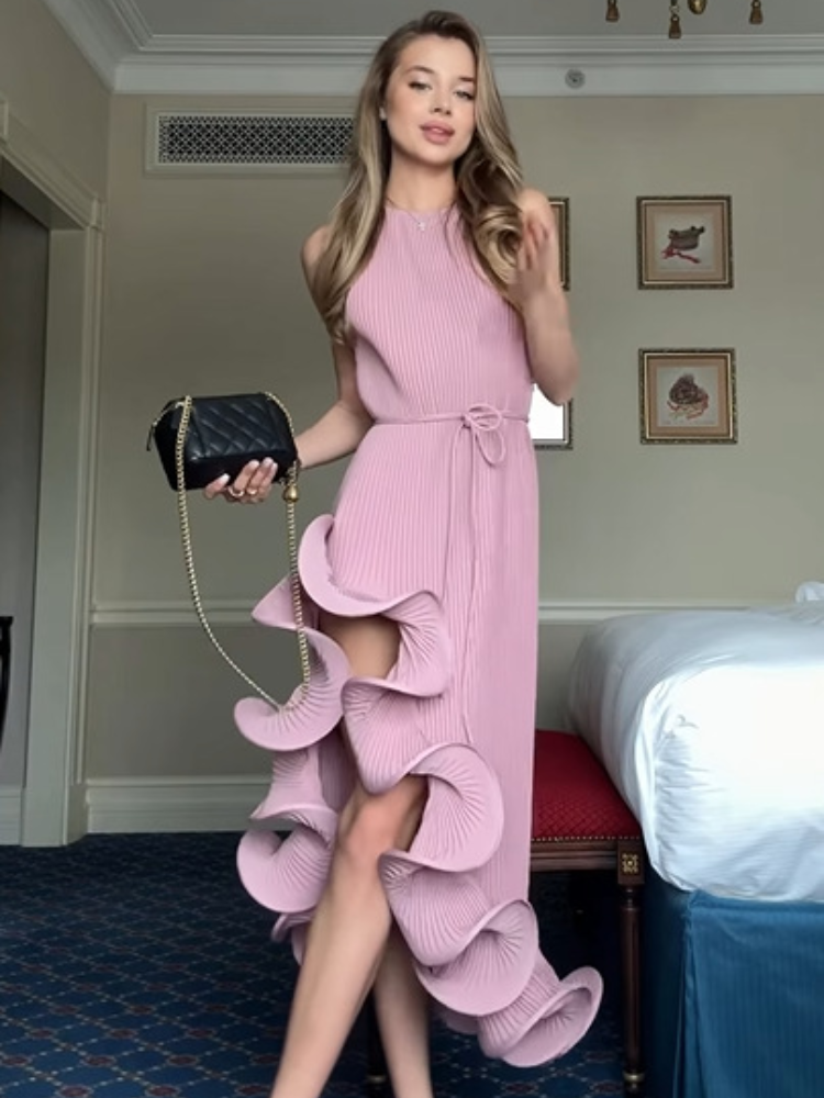 Robe élégante à volants irréguliers, robe de soirée chic pour femmes, sans manches, épaules dénudées, à lacets, robe midi slim, robes de soirée pour femmes 2026