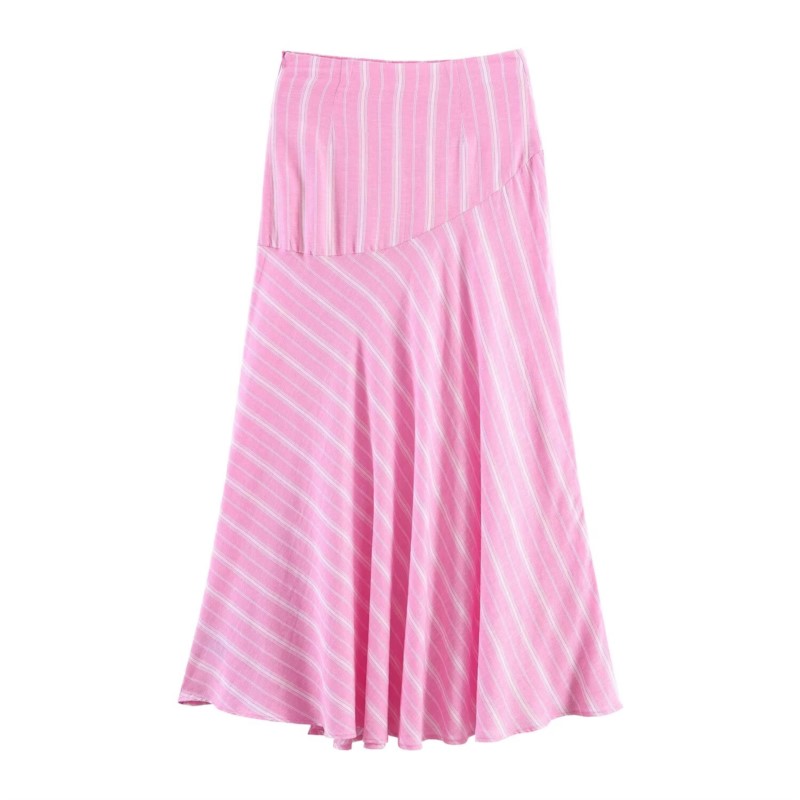 Ensemble jupe et chemise pour femme, 2 pièces, rose, chemise rayée à manches longues oversize et jupe midi plissée à fermeture éclair, tenue féminine