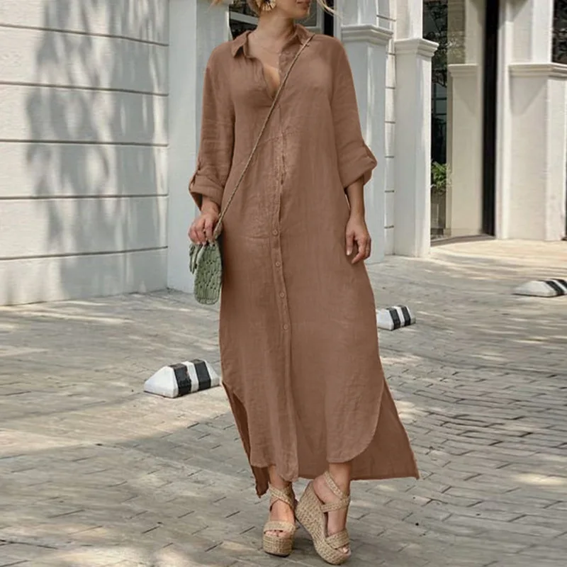Robe longue en coton pour femmes, grande taille 1XL-5XL, tenue d'été avec col chemise, ligne boutonnée, jupe longue pour femmes