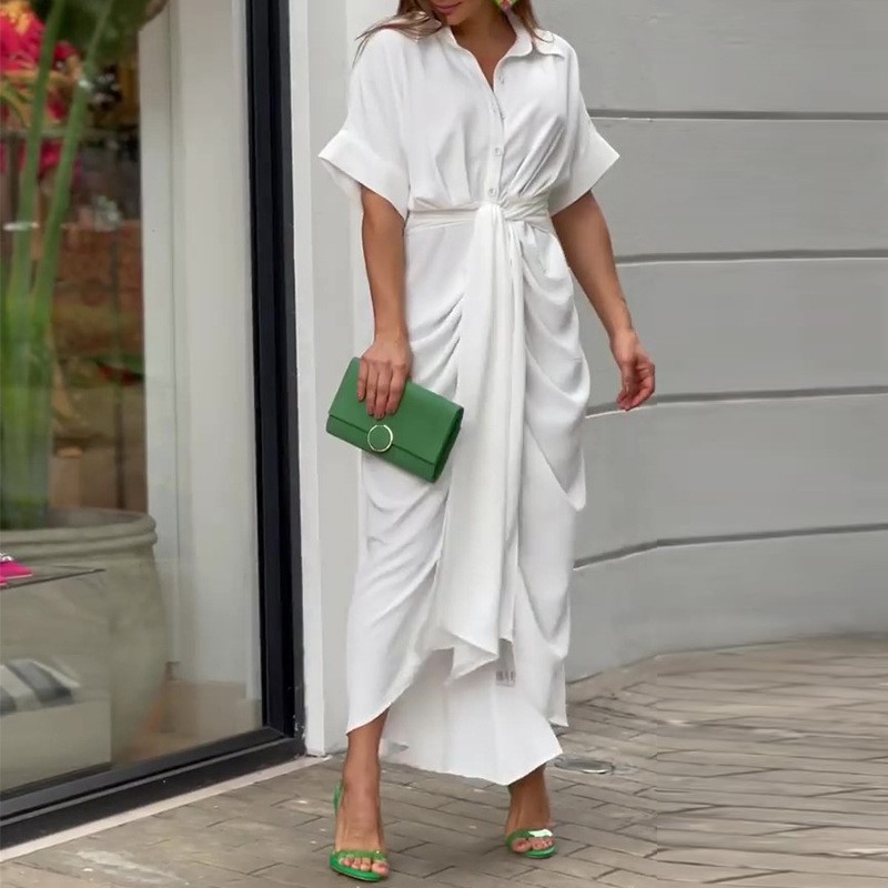 Robes Élégantes pour Femme 2026 – Robe Imprimée Irrégulière à Col Revers et Lacets, Coupe Slim Contrastante, Idéale pour le Travail et les Occasions Spéciales