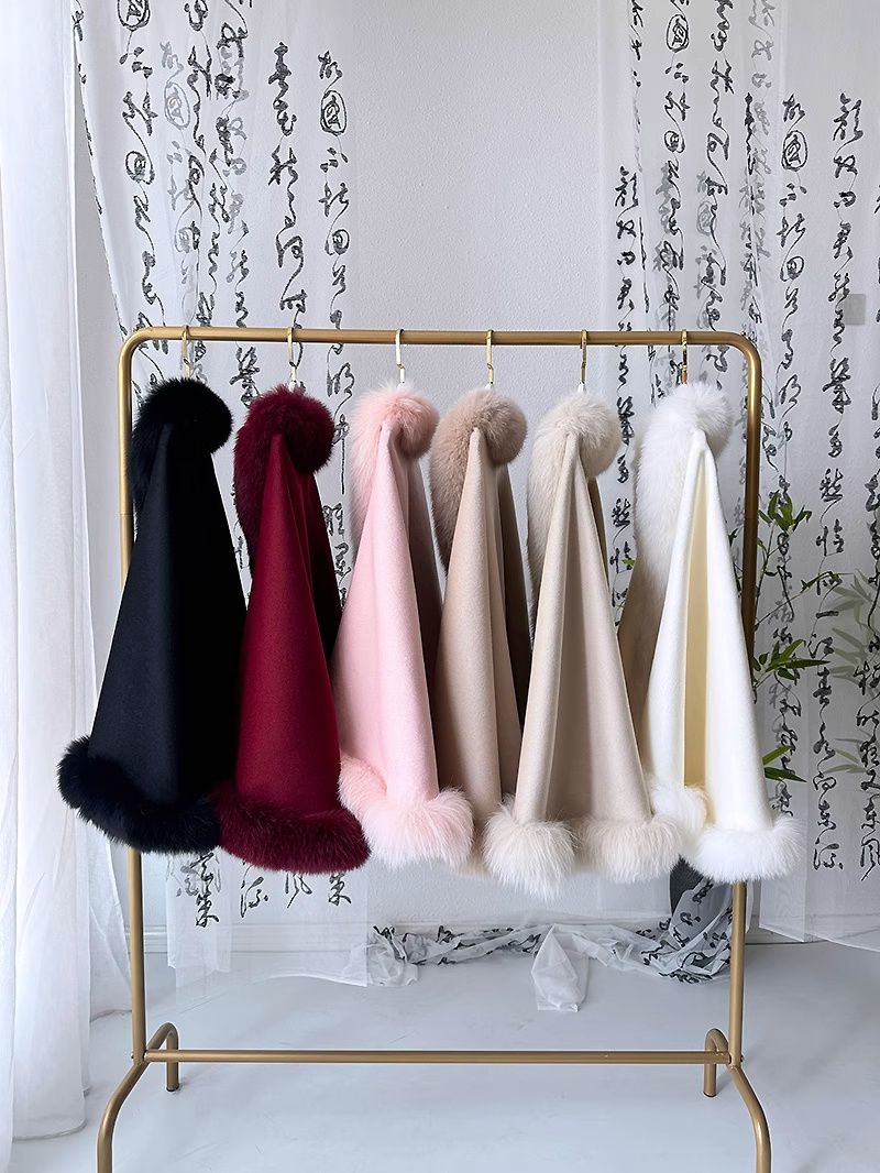 MS.MinShu-Poncho double face en laine pour femme, avec bordure en vraie fourrure de renard, pour dame d'hiver