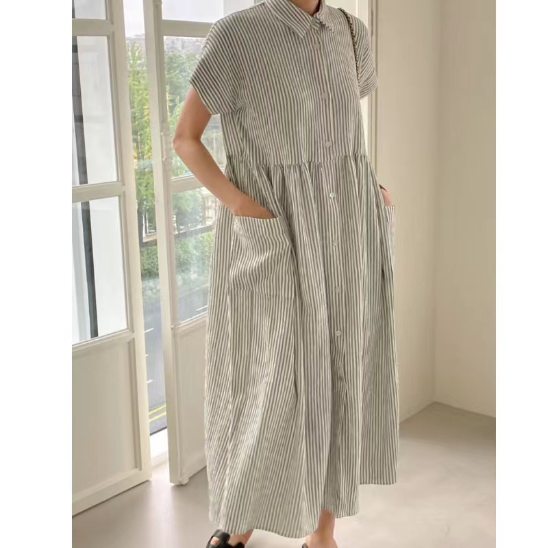REALEFT-Robe chemise rayée à simple boutonnage pour femme, vintage, décontractée, droite, coréenne, poches, été, 2024