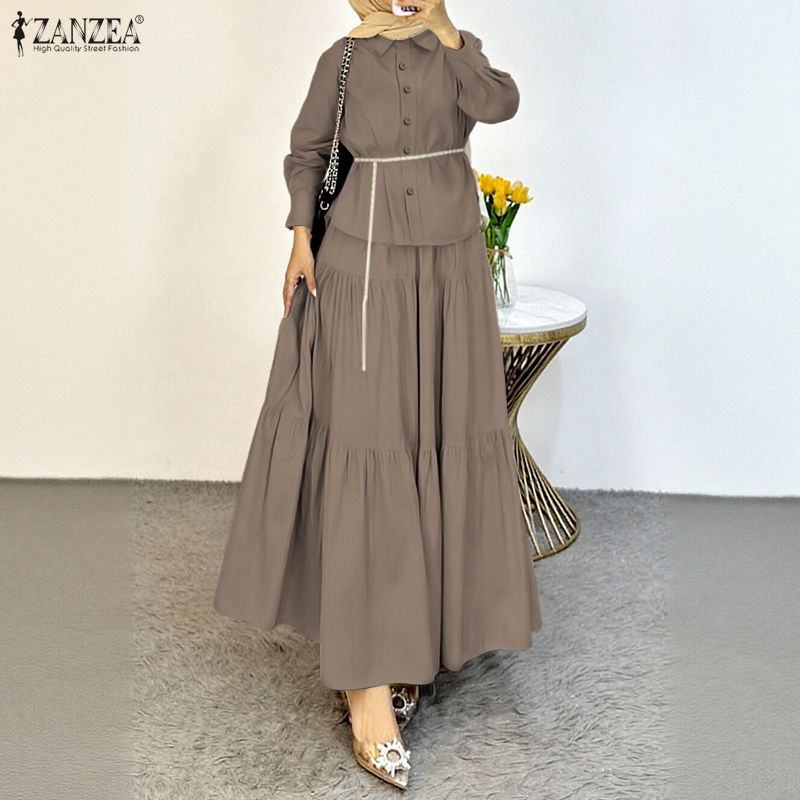 ZANZEA - Tenues modestes pour femmes hijabées - Ensemble jupe et chemise à manches longues - 2 pièces - Tenues quotidiennes décontractées musulmanes islamiques