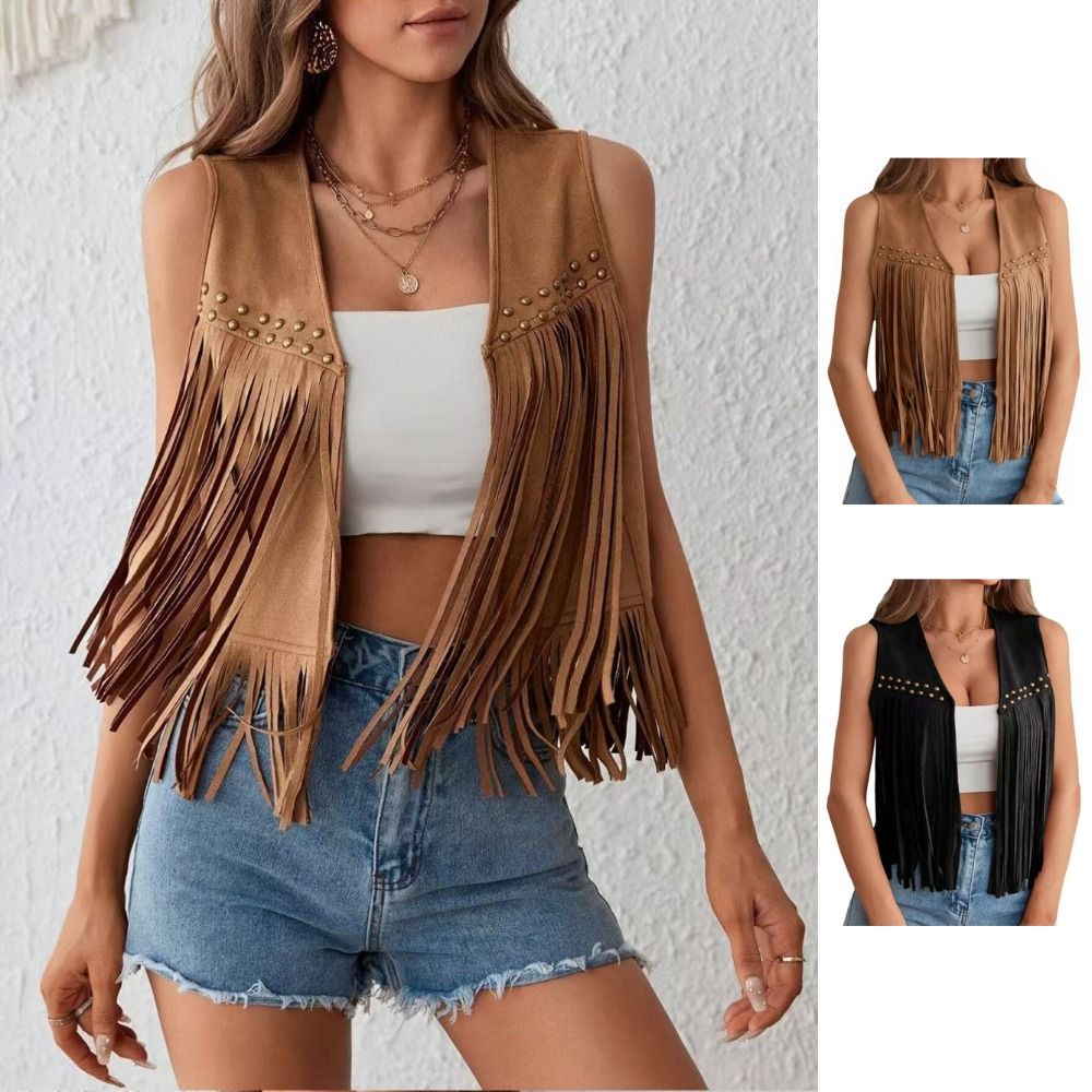 Gilet rétro à franges tendance avec détails rivetés, veste ouverte style western, noir/marron, sans manches, pour femme