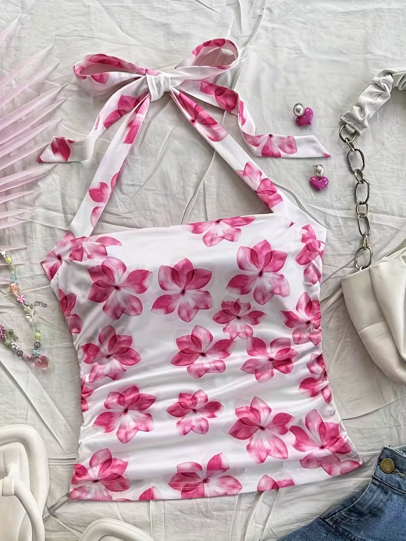 Top court d'été pour femmes, débardeur à fleurs roses, adapté aux filles au style vacances