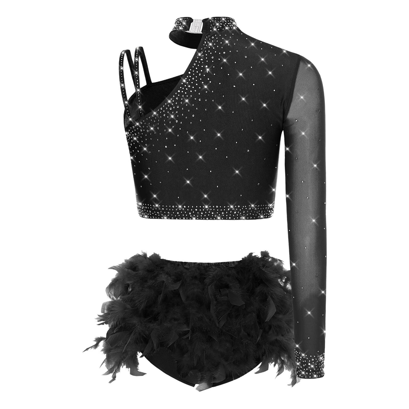 Tenues de danse Jazz latine pour femmes, 2 pièces, asymétrique épaule dénudée, manches longues, haut court + slip en plumes pour danse du ventre, vêtements de danse Chacha Tango
