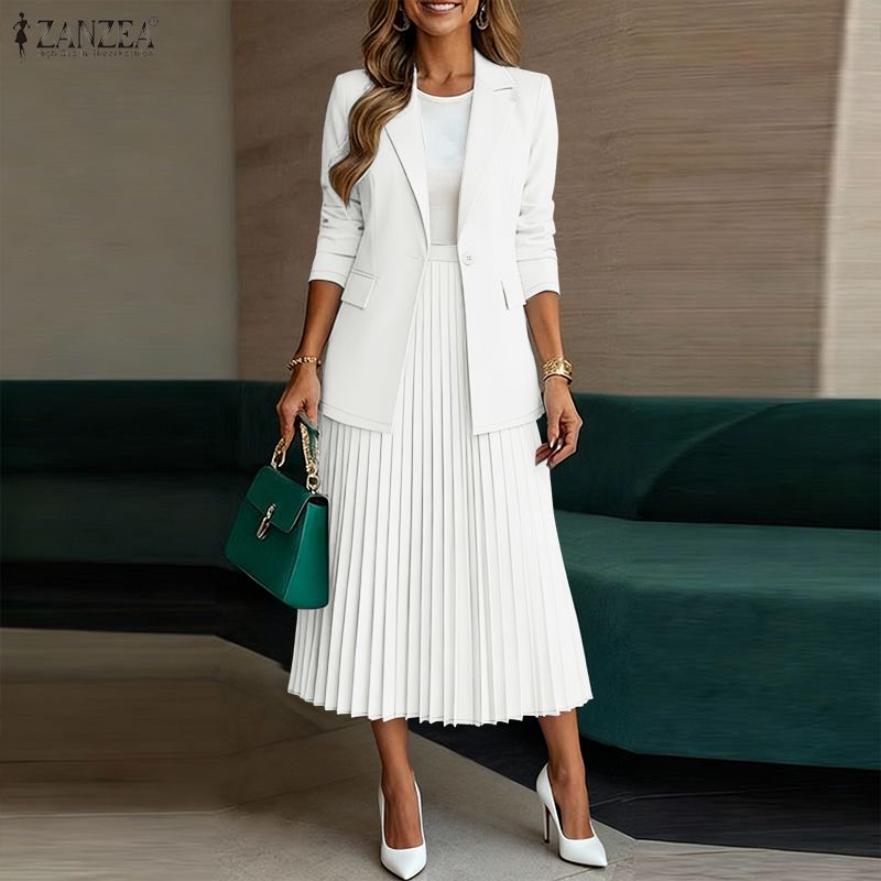 Ensemble de jupe et blazer élégant pour femme, tenue de bureau, blazer à manches longues et jupe plissée trapèze, ensemble 2 pièces, tenue de jupe ZANZEA tendance