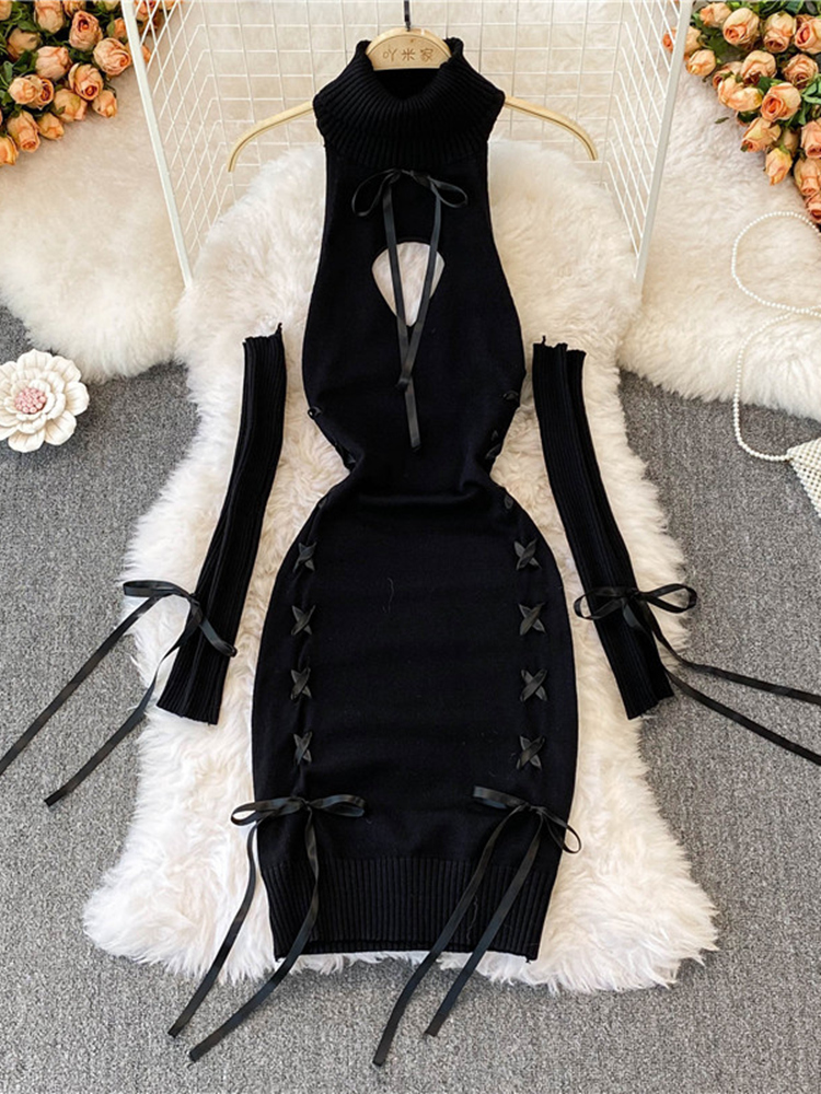 Robe pull sexy à col roulé pour femme, dos nu, sangle de ruban, manches longues, laçage, tambour, tricot, bandage, poitrine ouverte