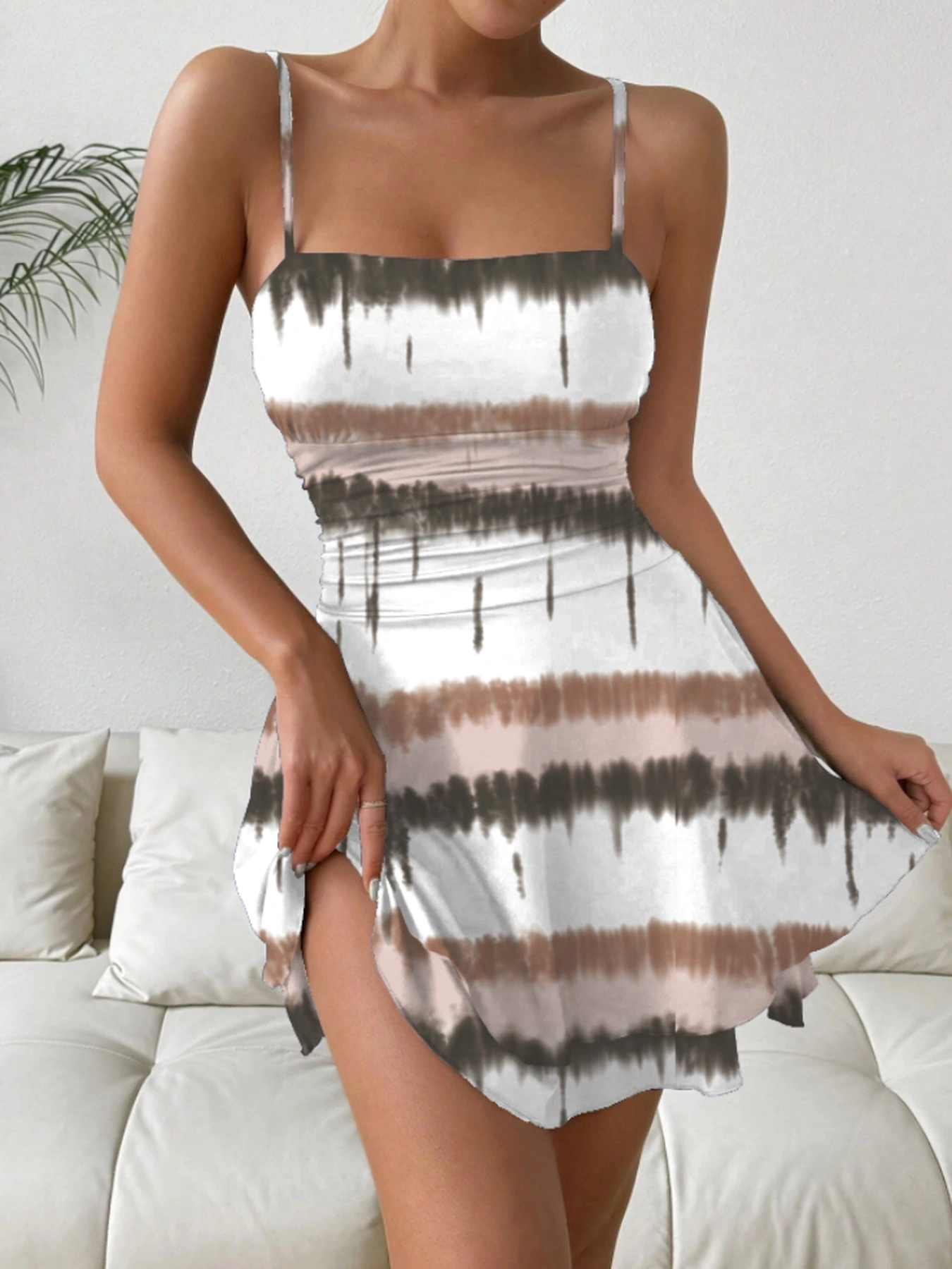 Robe décontractée élégante pour femme, col carré, sans manches, bretelles contrastantes, jupe mi-longue