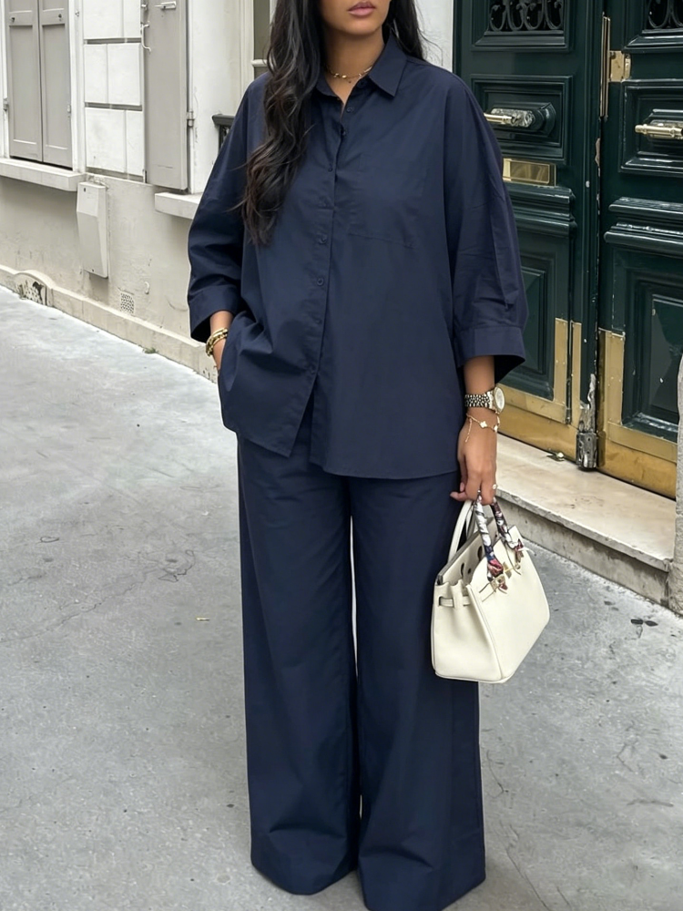 Ensemble décontracté chemise et pantalon pour femme, col rabattu simple boutonnage, haut et pantalon large taille haute, collection Printemps-Été 2026