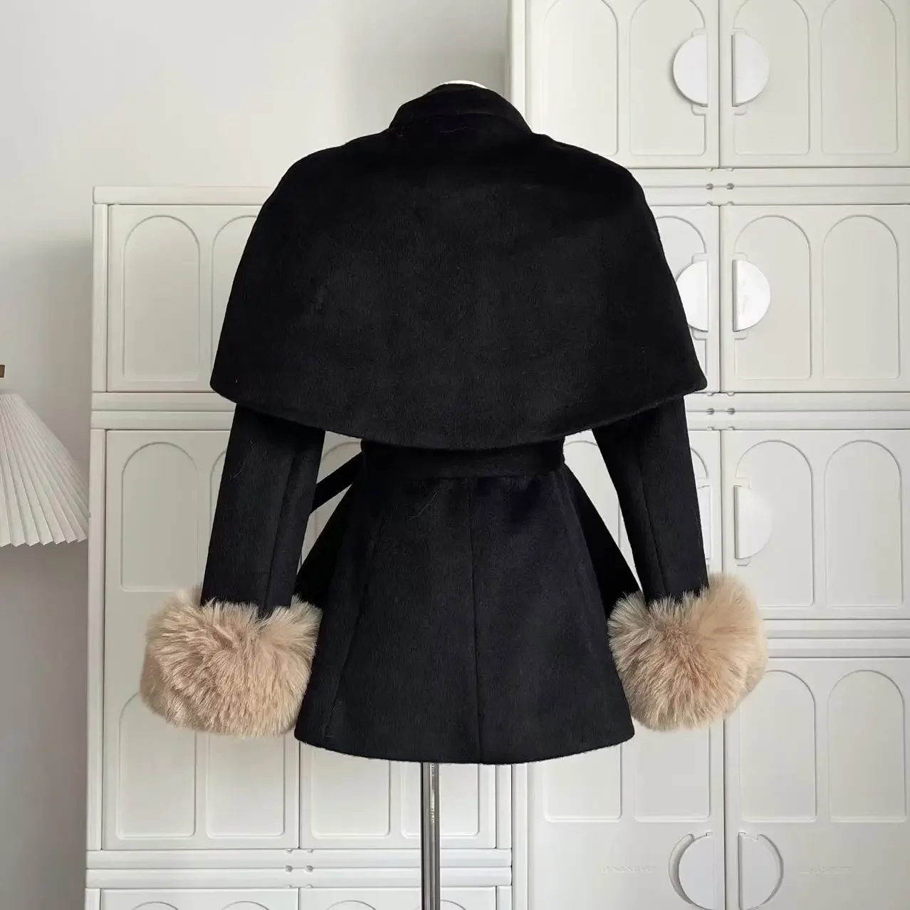 Manteau en laine élégant vintage français pour femme, châle noir chic, pardessus Everak + Retro At Tralike, tenues de conception de bandage féminin, hiver