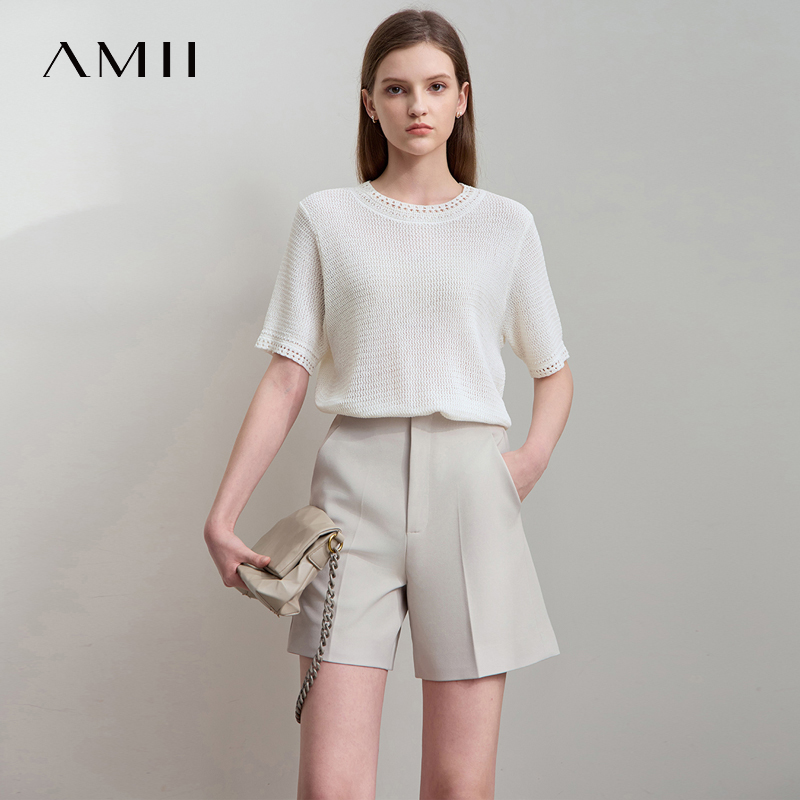 AMII Minimalism Loose Tops Fashion O-Neck Short Sleeve Comfortable Ventilate Green Knitted Sweater Women Clothing 12552106