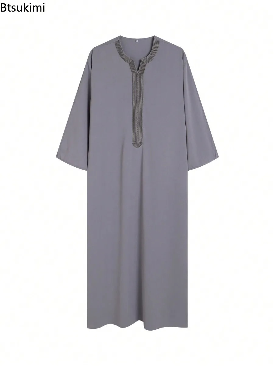 Nouvelle tenue musulmane pour hommes pour l'Aïd, style ethnique, abayas brodées à manches longues, robe ample décontractée de style saoudien, thobe musulman pour hommes