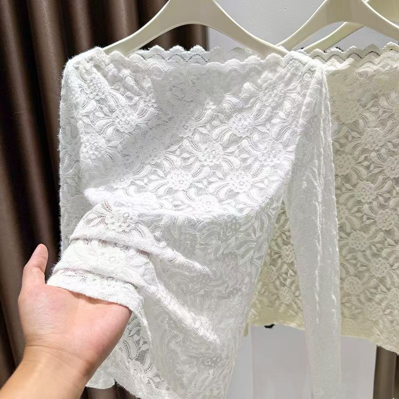 Femmes Sexy couverture en dentelle à manches longues vêtements intérieurs maille voir à travers la chemise en dentelle Base 2025 automne hiver haut Vintage bas blanc Blouse