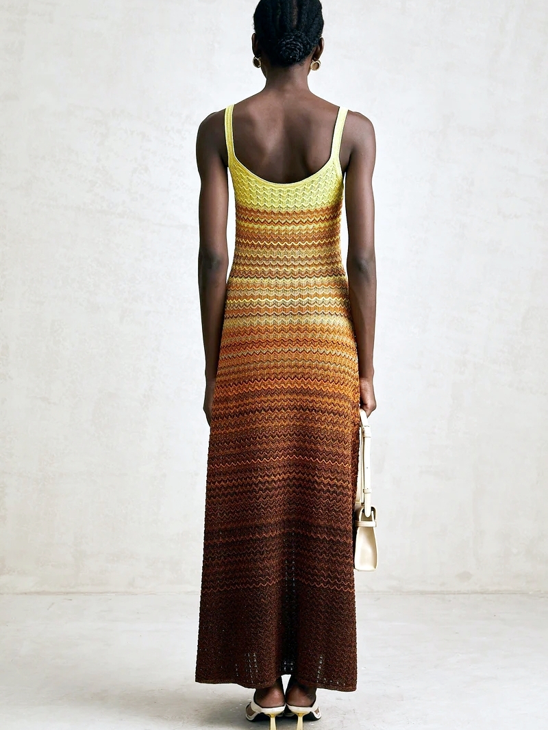 Marque de luxe Design femmes élégant Boho africain paillettes dorées Maxi sans manches soirée vacances robe tricoté dame vêtements
