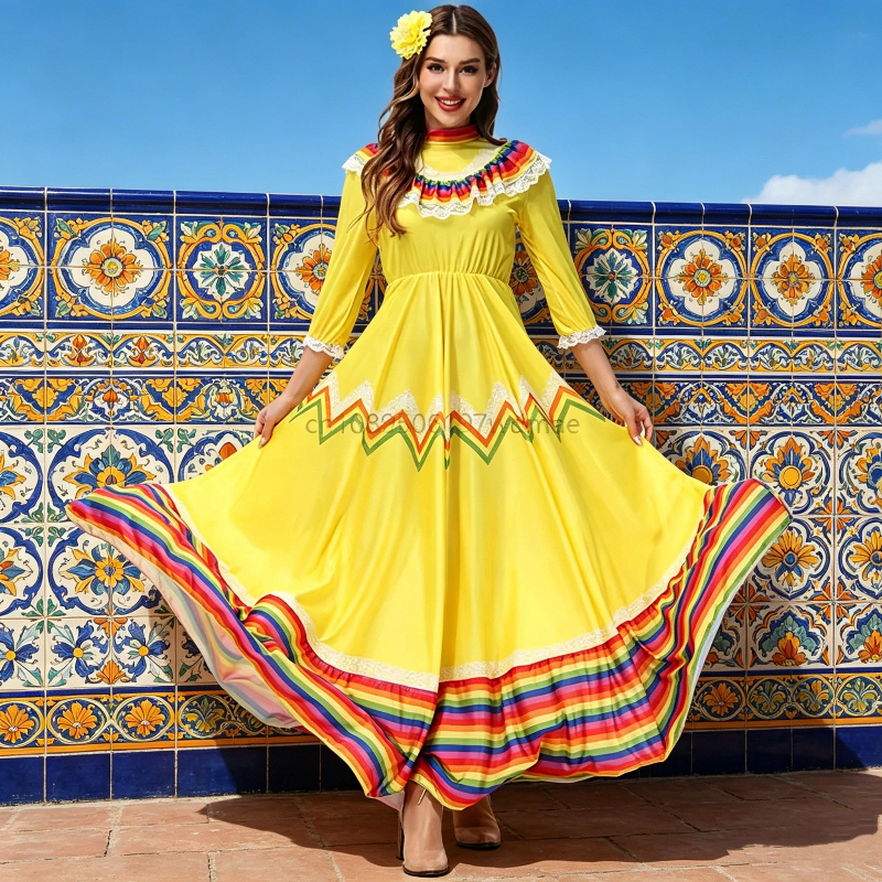 Robe maxi mexicaine traditionnelle à larges volants, rayée et colorée, pour femmes, costume de fête, de carnaval ou de danse, avec coiffe fleurie