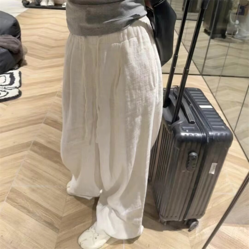 Pantalon décontracté en coton et lin de style coréen, taille élastique, doublé, blanc, coupe ample, long, pour femme, streetwear