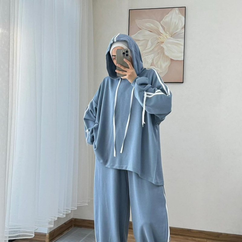 Costume musulman pour femmes, haut à capuche, pantalon à jambes larges, ensemble 2 pièces, sweat-shirt à capuche, tenues sportives à rayures, survêtement