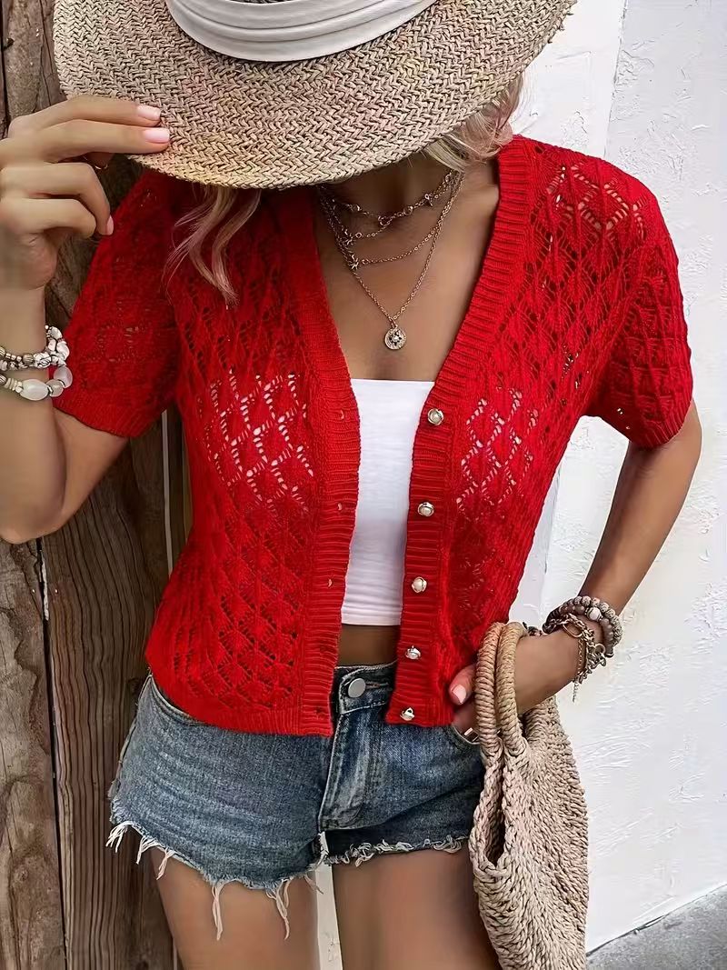 Cardigan en tricot décontracté à col en V et manches courtes pour femme