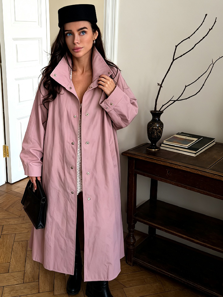 Veste longue ample pour femme, couleur rose poudré, col montant, fermeture à boutons-pression, épaules tombantes, style trench-coat, coupe-vent léger et ample