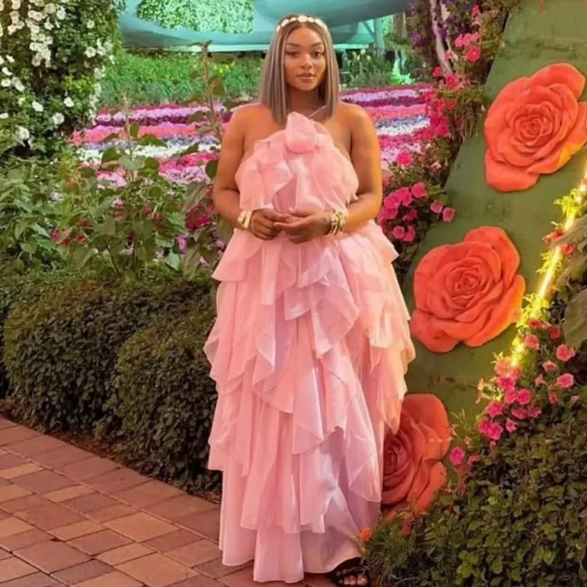 Robes de bal rose à col licou, sans manches, à volants, coupe trapèze, longues, pour soirée, longueur ras du sol, sur mesure, en organza floral, robes maxi à étages