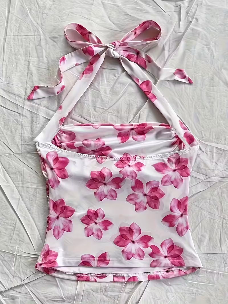 Top court d'été pour femmes, débardeur à fleurs roses, adapté aux filles au style vacances