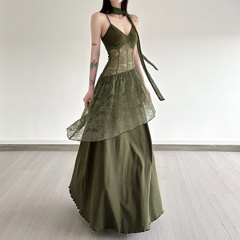 Robe Vintage Style Forêt en Dentelle Patchwork pour Femme, Transparente, à Bretelles, Taille Cintrée, Douce, Mode Coréenne
