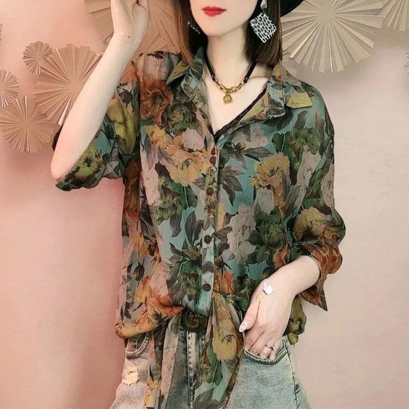 Chemisier imprimé à fleurs vintage pour femmes, chemise bandage, revers de trajet, simple boutonnage, manches 3/4, printemps, été, vêtements pour femmes, nouveau