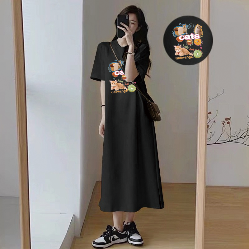Robe longue décontractée d'été pour femmes, imprimé chats, style coréen, ample, à manches courtes, avec fentes latérales