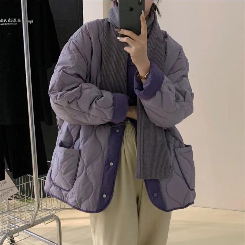 Femmes coréennes Patchwork diamant coton veste automne hiver mode col rond matelassé veste léger confort vêtements de dessus pour femmes