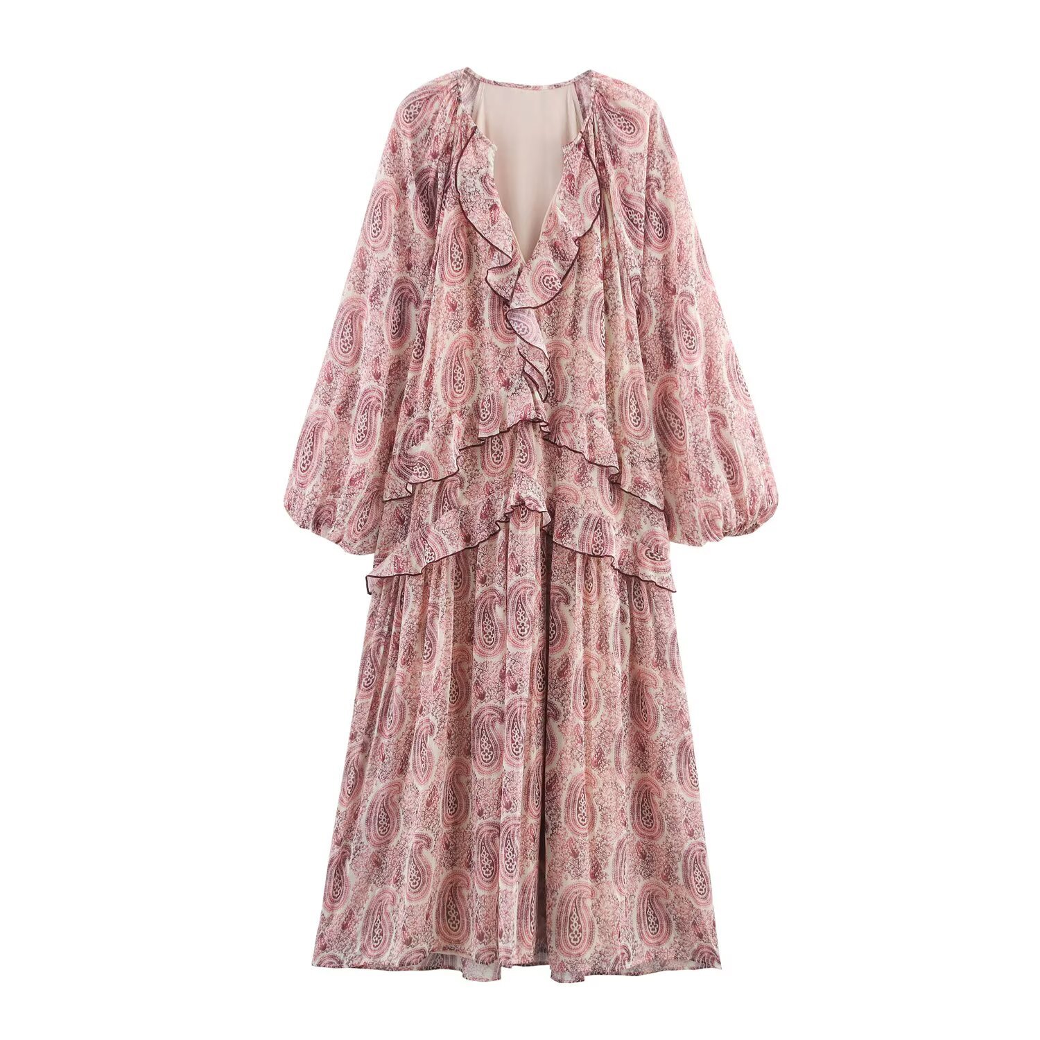 Robe MIDI d'été en mousseline de soie pour femmes, imprimé Vintage, col en v, volants en cascade, manches longues, vêtements de rue élégants, 2025