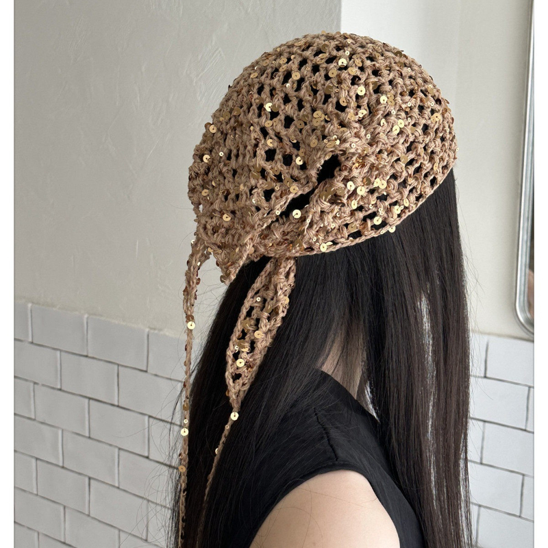 Foulard de tête en maille à sequins au crochet pour femme, style bohème, tricot ajouré, turban à nouer, chapeau, couvre-cheveux vintage, bandeau pour plage, festival, fête