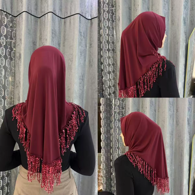 Hijab prêt-à-porter musulman avec châle à franges instantanées, couvre-chef tendance pour femmes