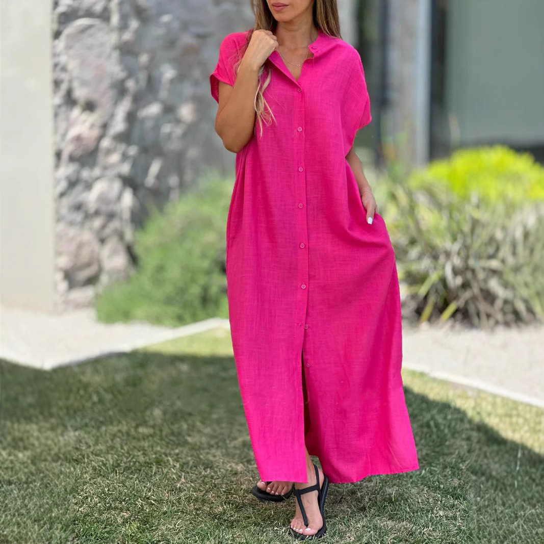 Robe chemise maxi décontractée pour femmes, mode été 2025, manches courtes, ample, couleur unie, col montant, longue robe de plage élégante