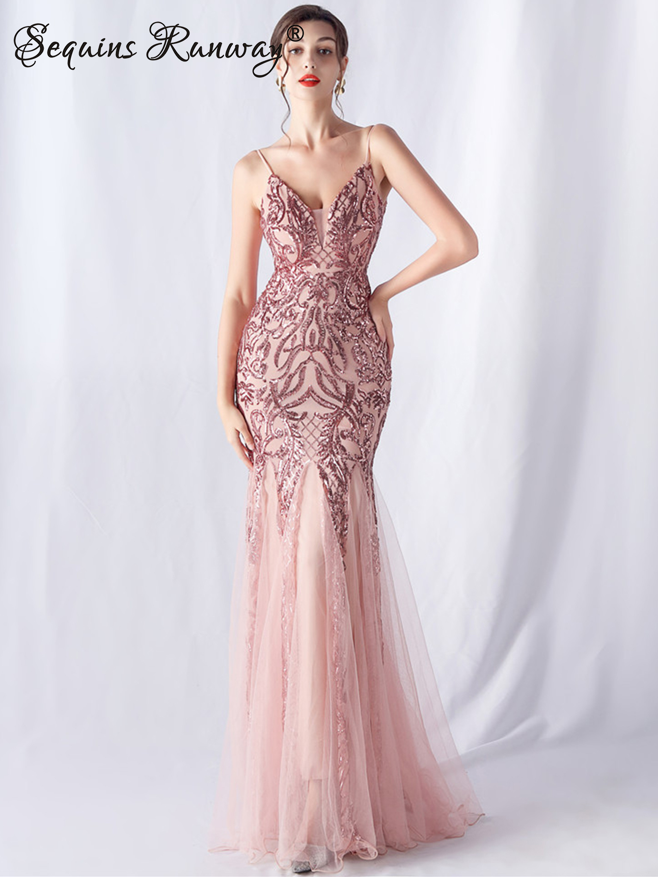 Robes de soirée longues élégantes et sexy pour femmes 2026, robes de fête d'anniversaire en maille, robe longue rose à sequins pour femme, robe d'été Vestido