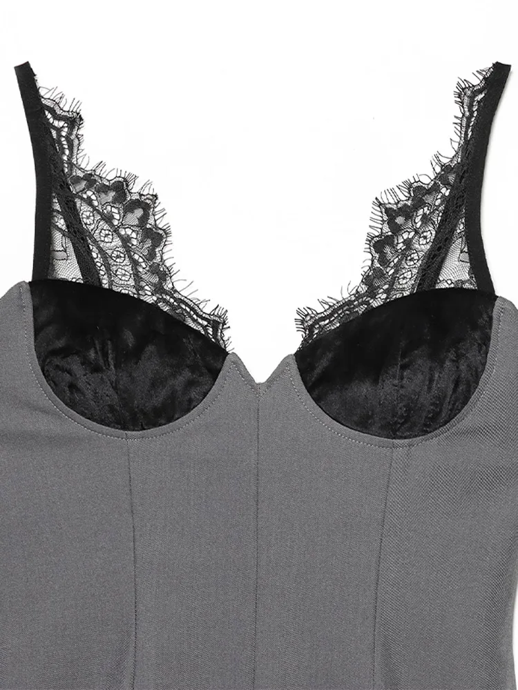 Robe Camisole grise garnie de dentelle pour femmes, col en v, sans manches, cintrée à la taille, printemps été, sorties décontractées, assortie au quotidien