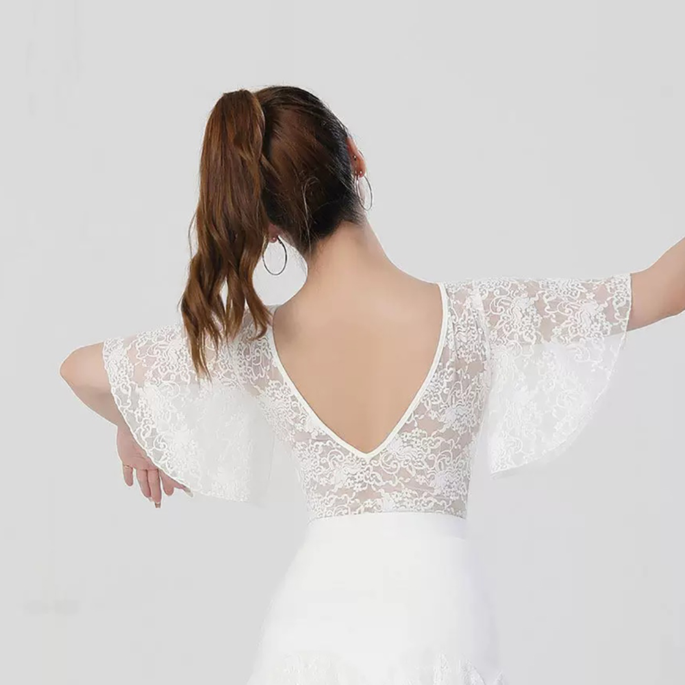 Haut de danse latine élégant en dentelle à manches courtes volantées, chemisier de valse, justaucorps d'entraînement pour la danse de salon, le cha-cha et la rumba, vêtements de pratique de danse