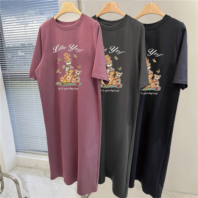 Robe longue décontractée pour femmes coréennes, imprimé ours mignon, manches courtes, col rond, robe maxi d'été