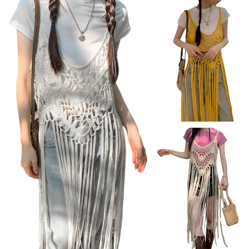 Femmes longue frange glands débardeur évider Crochet tricot sans manches fluide T-Shirt longue robe plage couvrir 066C